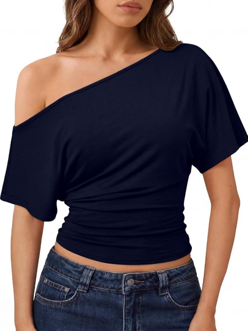Women's Navy Blue Rayon Blend Short Sleeve One Shoulder Neck Henley Shirts